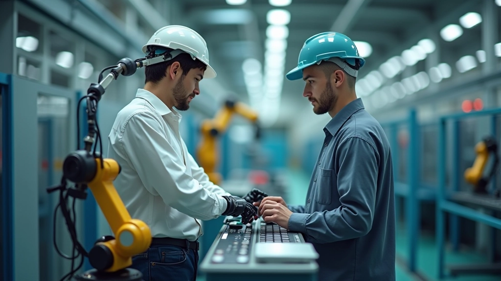 Modern fabrika ortamında kolaboratif robot ve insan operatör yan yana çalışıyor, beyaz ve kırmızı renk şemasında