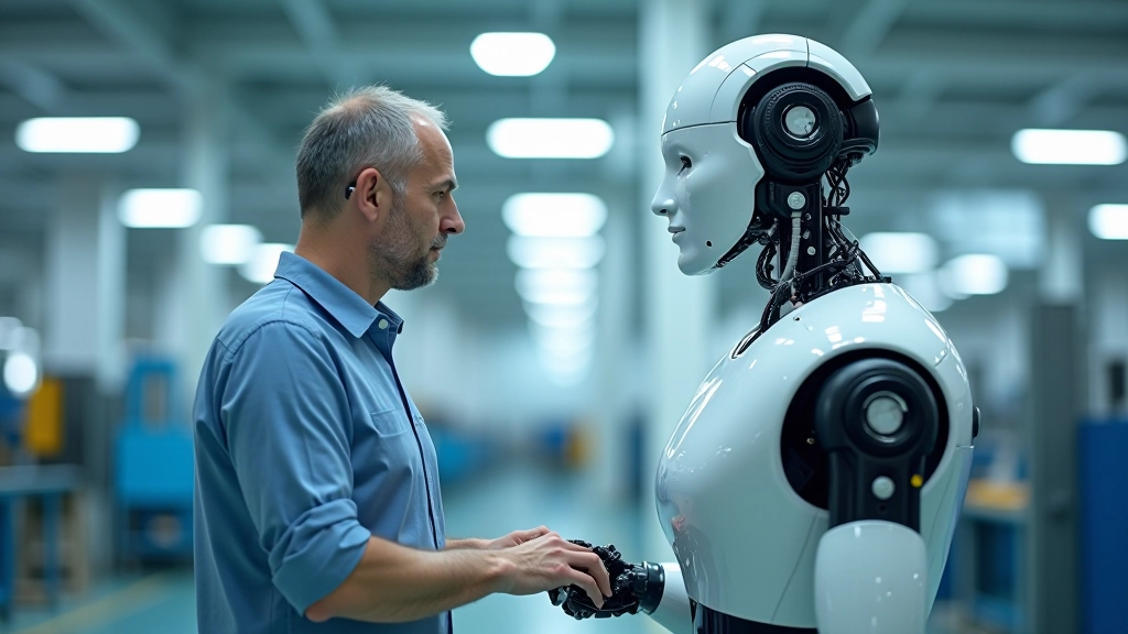 Modern fabrika ortamında kolaboratif robot ve insan operatör yan yana çalışıyor