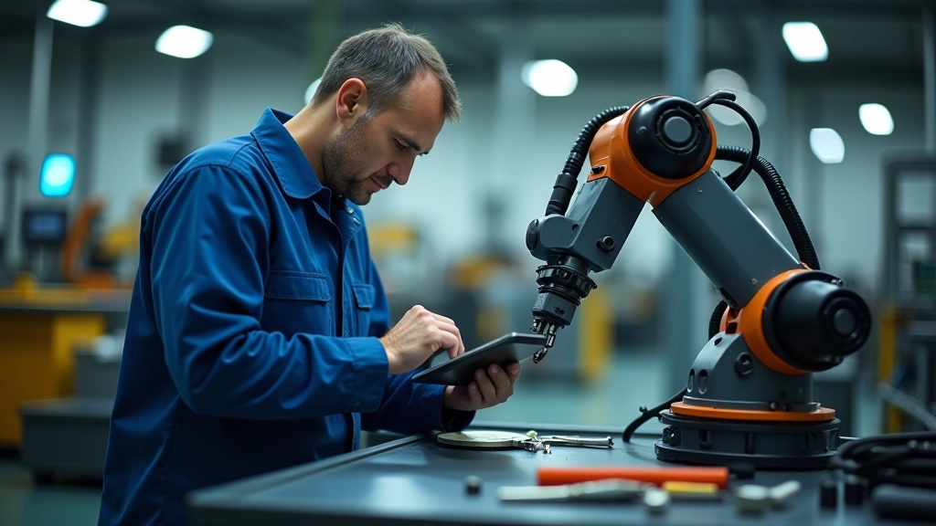 Fabrika usta, kolaboratif robot kolunun bakım kontrolünü yapıyor, teknik araçlar yanında