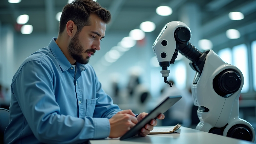 Fabrika eğitim sınıfında bir operatör, tablet ile kolaboratif robot simülasyon programını öğreniyor