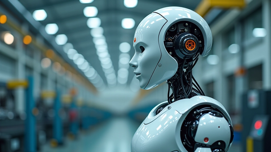 Fabrika ortamında güvenlik sensörlü kolaboratif robot, sarı-siyah işaret bantlarıyla çevrili çalışma alanı