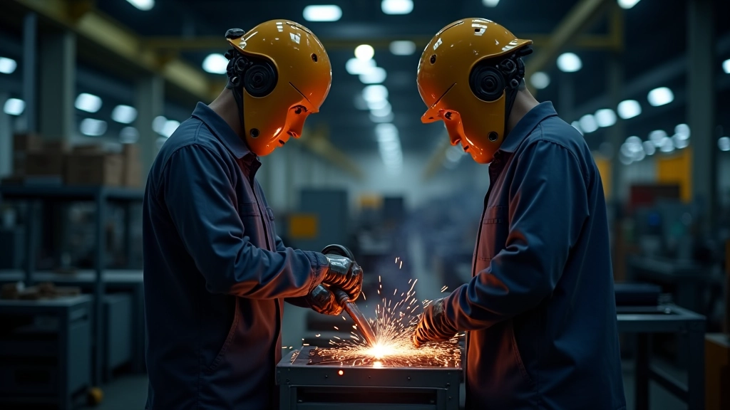 Üretim hattında işbirlikçi robot kaynakçı operatörle birlikte parça üzerinde çalışıyor